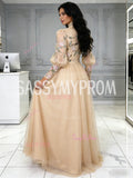 Champagne Floral Long Sleeve High Neck Tulle A Line Prom Dress