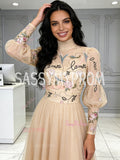 High Neck Tulle Champagne Floral Long Sleeve A Line Prom Dress
