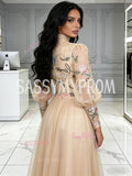 Champagne Floral Long Sleeve High Neck Tulle A Line Prom Dress