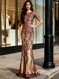 Sheath Column Half Sleeve Tulle Burgundy Sequin Prom Dress