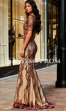 Sheath Column Half Sleeve Tulle Burgundy Sequin Prom Dress