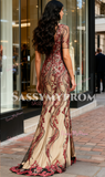 Sheath Column Half Sleeve Tulle Burgundy Sequin Prom Dress