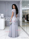 Cap Sleeve A Ling Appliques Gray Scoop Beading Tulle Prom Dress