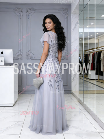 Cap Sleeve A Ling Appliques Gray Scoop Beading Tulle Prom Dress