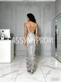 Sheath Column Silver Feather V Neck Ankle Length Prom Dress