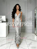 Sheath Column Silver Feather V Neck Ankle Length Prom Dress