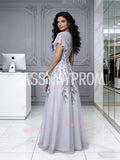 Cap Sleeve A Ling Appliques Gray Scoop Beading Tulle Prom Dress