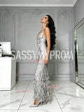 Sheath Column Silver Feather V Neck Ankle Length Prom Dress