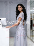 Cap Sleeve A Ling Appliques Gray Scoop Beading Tulle Prom Dress