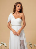 Chiffon Pearl Belt One Shoulder Wedding Dress With Slit