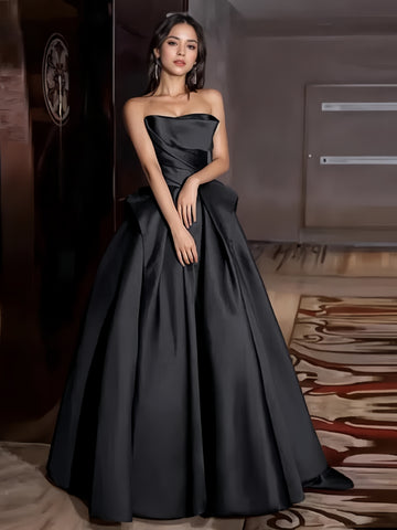 Satin A Line Black Strapless Prom Dress