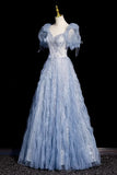 Beads Sweetheart A Line Blue Tulle Puffy Sleeves Prom Dress
