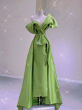 A Line Ruched Off The Shoulder Green Satin Prom Dress With Slit