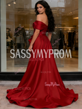 Satin A Line Ruffles Red Off The Shoulder Prom Dress With Slit