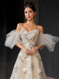 Champagne Floral Sweetheart A Line Puffy Sleeve Prom Dress