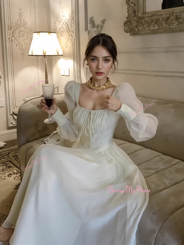 Chiffon Puffy Sleeves Flowy Ivory Corset Dress Sassymyprom Chiffon Puffy Sleeves Flowy Ivory Corset Dress Sassymyprom