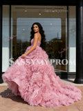 Ruffles Tulle Ball Gown Pink Strapless Prom Dress