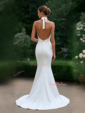 Trumpet Mermaid Backless Halter Satin Wedding Dress Sassymyprom Trumpet Mermaid Backless Halter Satin Wedding Dress Sassymyprom