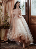 Off The Shoulder Tulle Flower Pink Wedding Dress