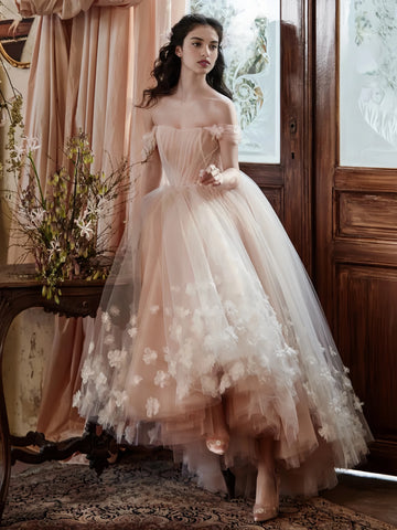 Off The Shoulder Tulle Flower Pink Wedding Dress