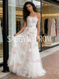 Strapless A Line Ruffles Tulle Flower Prom Dress