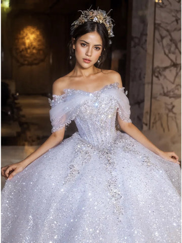 A Line Off The Shoulder Beading Sparkle Wedding Dress