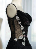 Lace Beading A Line Black Spaghetti Straps Prom Dress