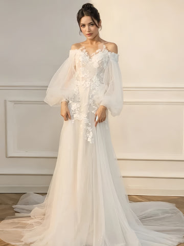 A Line Lace Appliques Long Sleeve Wedding Dress