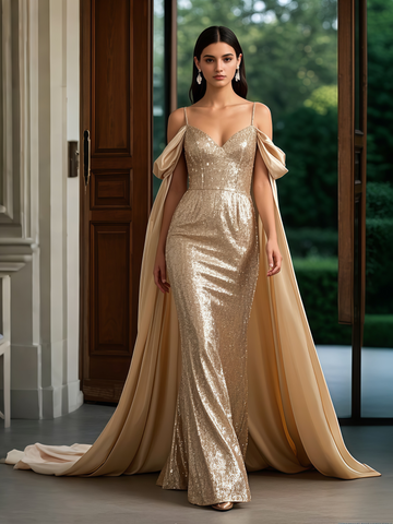 Trumpet Mermaid Gold Sequin Prom Dress With Cape US14 / Champagne Trumpet Mermaid Gold Sequin Prom Dress With Cape US14 / Champagne