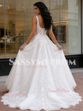 Appliques A Line Tulle Straps Square Wedding Dress