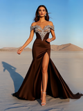 Coffee Satin Beading Mermaid Off The Shoulder Prom Dress With Slit