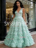 Green Feather Sequin A Line Tulle Prom Dress