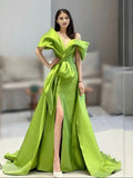 A Line Ruched Off The Shoulder Green Satin Prom Dress With Slit
