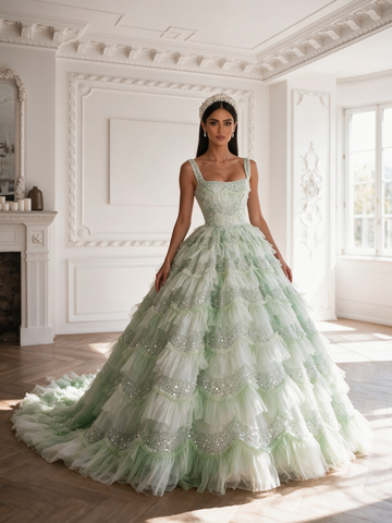 Green Ball Gown Sequin Strap Tulle Ruffles Prom Dress