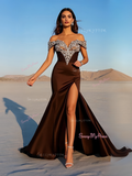 Coffee Satin Beading Mermaid Off The Shoulder Prom Dress With Slit