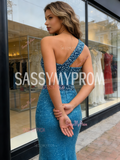 One Shoulder Sequin Trumpet Mermaid Blue Beading Prom Dress