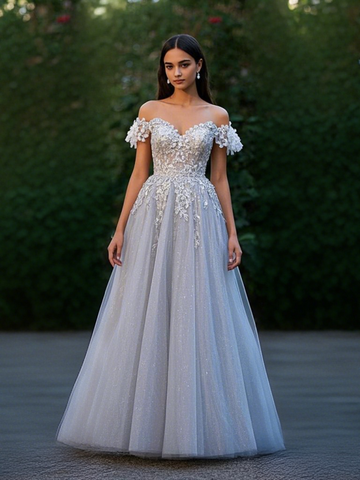 Tulle Sparkle  Champagne Off The Shoulder Prom Dress