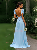 Square Neck Blue Chiffon Cap Sleeve Prom Dress With Slit