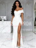 Satin Tulle Trumpet Mermaid Off The Shoulder Wedding Dress With Slit