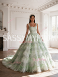 Green Ball Gown Sequin Strap Tulle Ruffles Prom Dress