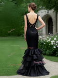 Mermaid Backless V Neck Lace Ruffles Black Prom Dress