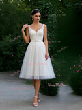 Tea Length Tulle Appliques A Line V Neck Wedding Dress