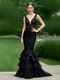 Mermaid Backless V Neck Lace Ruffles Black Prom Dress