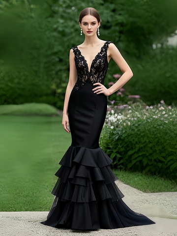 Mermaid Backless V Neck Lace Ruffles Black Prom Dress