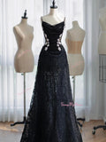 Lace Beading A Line Black Spaghetti Straps Prom Dress