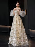 Champagne Floral Sweetheart A Line Puffy Sleeve Prom Dress