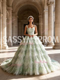Green Ball Gown Sequin Strap Tulle Ruffles Prom Dress