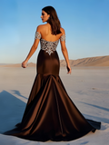 Coffee Satin Beading Mermaid Off The Shoulder Prom Dress With Slit