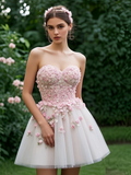 Flower Sweetheart Pink Short Mini Tulle Homecoming Dress