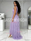 One Shoulder Tulle Sparkle Purple Ruffles A Line Prom Dress